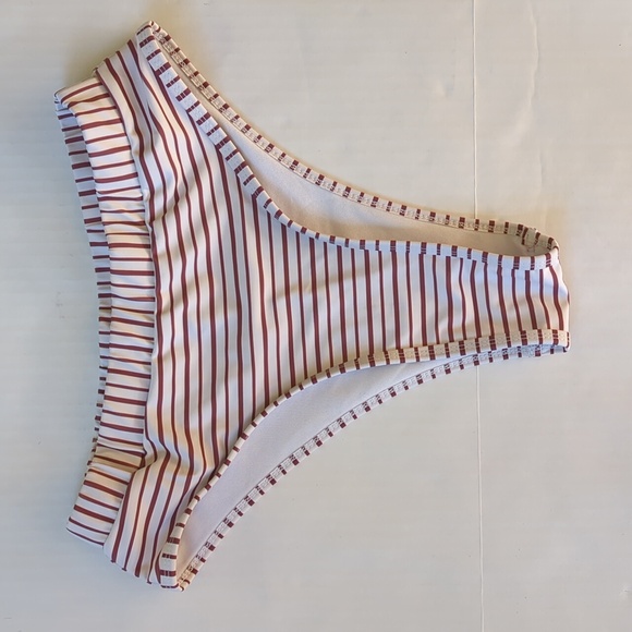 Zaful Cut-Out Striped Two Piece Bikini High Waisted Cheeky Bottom 6 White Maroon - Picture 11 of 16